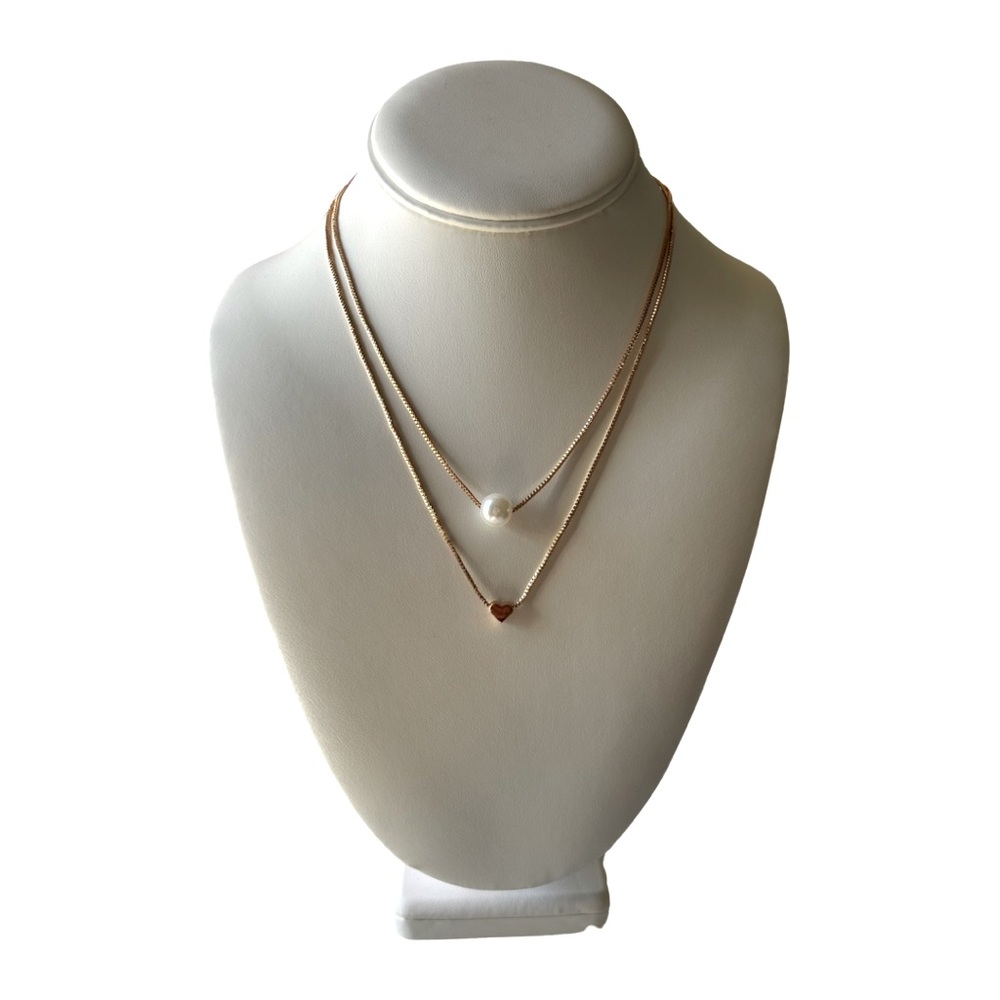 Gold Double Heart and Pearl Chain Necklace